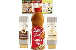 Go2 Groceries Bundle Flavoured Dessert Sauces Biscoff Biscuit Topping (1 kg), La Sauce De Monin Dark (500 ml), White Chocolate (500 ml) with Recipe Cards