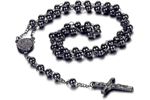 Flongo Men's Women's Vintage Stainless Steel 6MM Beads Jesus Christ Crucifix Cross Rosary Pendant Necklace, Color Silver Black Rose Gold