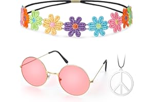 FIADA Set de Accesorios Disfraces de Hippie Gafas Redondas de Estilo de los Años 60 Collar de Signo de la Paz Diadema de Margaritas Girasoles para Mujer Hombre Fiesta