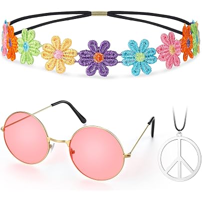 Set De Disfraz Hippie De 8 Piezas - Incluye Diadema, Pulseras, Collares, Aretes Y Gafas De Sol Retro