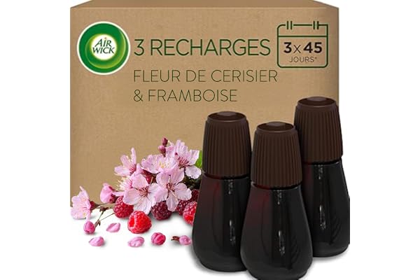 Air Wick Recharges Diffuseur Parfum Fleur de Cerisier & Framboise - Brume parfumée aux Huiles Essentielles - 3 x 20ml
