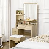 HOMCOM Makeup Vanity with Stool with Mirror 80 x 15 x 143 cm Natural | Dressing Table, 4 Drawers, Shelves, Open Compartments,