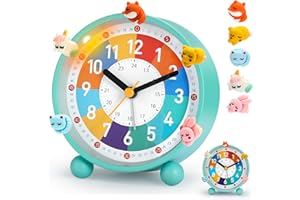 PIXESTT Despertador Infantil, Reloj Despertador Infantil para Principiantes En La Escuela, Sin Sonido Tic-TAC, con FuncióN De Luz Nocturna Y FuncióN De RepeticióN, con 5 Adornos De Despertador