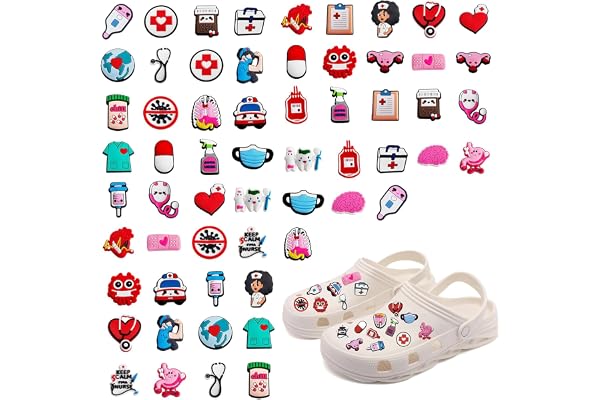 60 Charmes pour Crocs Collection médicale et infirmière Breloques PVC décoratives pour sabots et sandales DIY