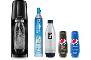 Sodastream Pack Spirit avec Machine à Eau Pétillante et Soda Spirit Noir, 2 Bouteilles FUSE en PET 1 L dont 1 Bouteille Pepsi Max, 2 concentrés PEPSI, 1 Cylindre de CO2 60 L [Exclusif Amazon]