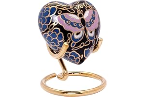 UrnsWithLove pequeña de Recuerdo Pintada a Mano para Cenizas, Mini urna Conmemorativa de corazón con Caja y Soporte (Mariposa Azul), Medium