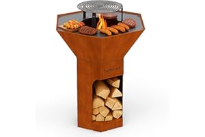 Barbecook Barbecue brasero Nestor Original, Barbecue à Bois Exterieur avec plancha et Grille surélevée en Acier corten, 92x92x120cm