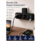 3&rsquo;l&uuml; Akım Korumalı Priz &Ccedil;oğaltıcı | 3x USB-A ve 1x Type-C &Ccedil;ıkışlı Priz | 2500W 10A