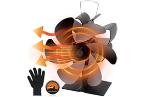 BBLTIFF Kaminventilator, Ofenventilator mit 6 Blätter, Ofenventilator Ohne Strom mit Thermometer und Handschuhen Geliefert, Leise Zirkulierend, Kaminofen Ventilator für Kaminöfen & Holzofen