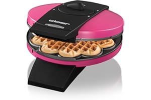 Cloer 1627-11 Piastra per Waffle a Cuore, 930 W, dimensione di cialda 15,5 cm, grado di doratura selezionabile, spia di controllo, corpo in metallo verniciato rosa