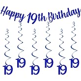 19th Birthday Blue Happy 19th Birthday Bunting Banner Hanging Swirl Streamers 19 Banners for Boys Men Adults 19 Years Old