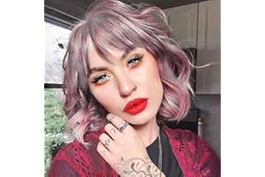 PARXITN Kurze Bob Perücke mit Pony Natürliches Ombré Rosa Perücke Synthetisches Haar Bunt Täglich Party Halloween Cosplay Gewellte Lockige Perücken für Frauen