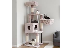 Heybly Albero Tiragraffi Per Gatti Alto 125 cm, Torre Per Gatti Spaziosa E Confortevole Con Tana, Due Ampie Piattaforme, Tiragraffi In Sisal, Cestino, Robusti Tubi In Acciaio, Beige Marrone HCT200SMU-