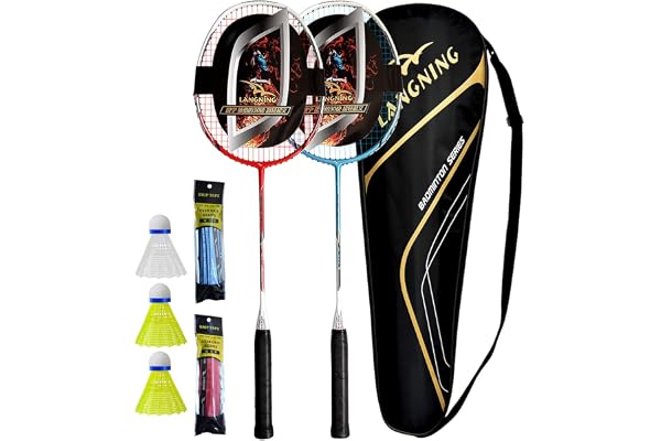 LANGNING Lot de 2 Raquettes de Badminton - 85 g - Carbone Professionnel de qualité supérieure - L'ensemble de la Raquette est en Fibre de Carbone
