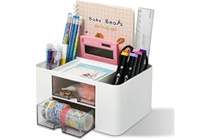 BALORIZ Schreibtisch Organizer Weiß 7 Fächer Tischorganizer,Büro Organizer mit Schublade, Multifunktionaler Stiftehalter für Büro Zuhause Schule Platzsparendes