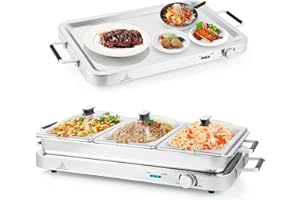 FANTASK 3-in-1 Elektrischer Warmhaleteller 9 L mit Temperaturregler, 450 W Speisenwärmer bis 150 °C, Buffetwärmer, Chafing Dish aus Edelstahl, Silber
