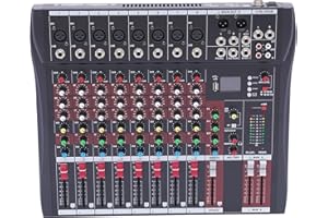 HUSPOO Audio Mixer Channel, 8 Channel DJ Mixer USB Studio Mixer 48V Phantom Power Sounds Mixer Bluetooth for Live, Wedding, Party, Recording Broadcast (8 Channel)