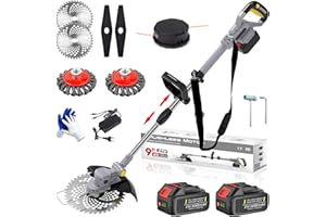 FIUTAZGE 4 In 1 Rasentrimmer mit Akku, Akku Rasentrimmer mit Akku und Unkrautbürste, mit 2 Akku 4.0Ah, Verstellbarer Griff, 90°Schwenkbarem Kopf, 2 Wildkrautbürste, 20 Mähfäden und 4 Metallklingen