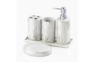 Home Harbour Modern Bathroom Collection | Set of 5 Bathroom Accessories | Soap Dispenser, Toothbrush Holder, Storage Holder, Tumbler, Tray Dish | Silver & White Décor Organiser (Set of 5 Collection)