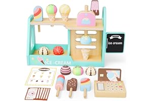KIYTARBOO Drewniana zabawka do lodziarni dla dzieci, Drewniana zabawka do lodów dla dziewczynek w wieku 3, 4, 5 i 6 lat, Akcesoria kuchenne, Drewniana zabawka Montessori, Prezent dla dziewczynek i chłopców