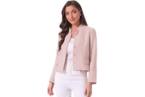 Allegra K Women's Plaid Tweed Blazer Long Sleeve Button Decor Work Office Crop Jacket