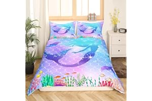 HOMEWISH Meerjungfrauen Bettwäsche 135x200 Mädchen Bunte Unterwasserwelt Bettwäsche Set für Kinder Aquamarin Lila Farbverlauf Fischschuppen Bettbezug Nautisch Meerestier Bettbezug Ozean Delfin Zimmer Dekor