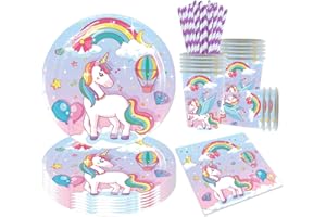 CAPANEUS 68 Stück Einhorn Partygeschirr Set,Einhorn Teller und Becher Set,Servietten Einhorn,Kinder Teller Set,Einhorn Party Deko,Einhorn Deko Kindergeburtstag