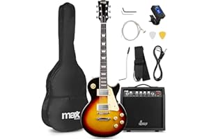 Max GigKit LP Style E Gitarre, E Gitarren Set mit Gitarrenverstärker, Tasche, Plektrum, Stimmgerät, Instrumentenkabel, Ersatzsaiten, Gitarrengurt, 22 Bünde - Sunburst