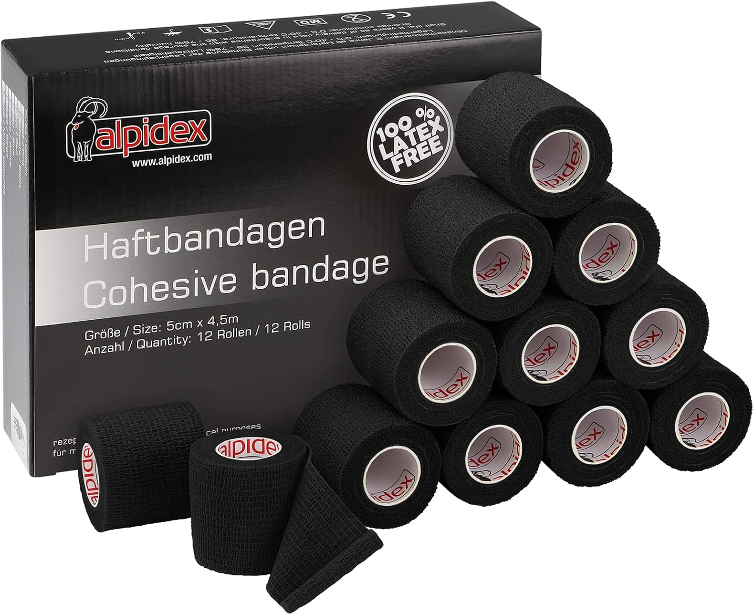 ALPIDEX 12 Rollos Venda Adhesiva 5 cm x 4,5 m Venda Cohesiva Envoltura Tape Deportiva Bendaje Autoadhesiva Mano Rodillas Tobillo Vet Wrap Perro Gato Caballo, Color:negro