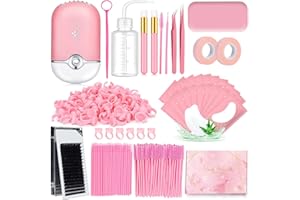 DNSGOOR Kit Extensión Pestañas Accesorios Lash 0.07D Curl Mix 7-15mm USB Lash Ventilador Almohadilla de Silicona Cepillo de Champú Rímel Pincel Parche Ojos Pinza Cinta Lavado Botella Anillo pegamento (Rosado)