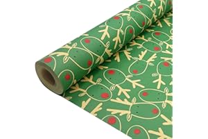 DOJOYKEY Rollo de papel para envolver regalos ecológico, 43 cm x 15 m, reciclable, diseño festivo de alce, papel kraft verde para envolver regalos de cumpleaños y Navidad