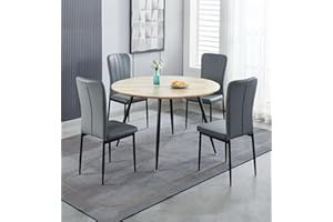 Hallowood Furniture Cullompton Round Dining Table and Chairs Set 4, Large Dining Table with Oak Effect Top and Grey Faux Leather Chairs, Round Dining Table Set for Home and Restaurant