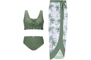 ESHOO Girls Swimsuit 3 Piece Bathing Suits with Cover Up Skirt Wrap Sets for Teen Girls Kids Tropical Floral Bikini Swimsuits Surfing Beach Swimwear