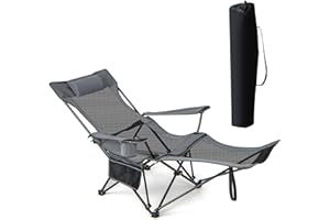 GIANTEX Sedia da campeggio, sedia a sdraio regolabile con poggiapiedi rimovibile, cuscino imbottito, portabicchieri e tasca laterale, sedia da campeggio pieghevole con borsa per il trasporto per parco