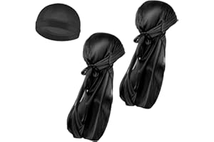 WLLHYF 3 Pieces Silky Durag Caps Black, Pirate Cap with Long Tail Head Wraps Sweat Wicking Beanie Skull Cap Bandana Hat Breathable Comfortable Headwrap Hat for Men Women