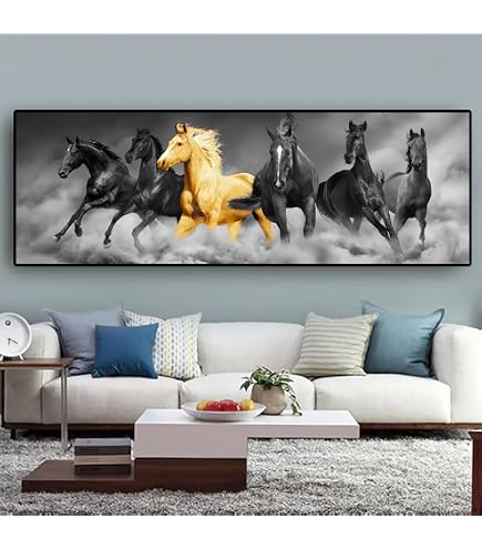 Quadro Su Tela Cavallo Bianco E Oro – Poster Stampa Animale Stile Art Deco, Senza Cornice