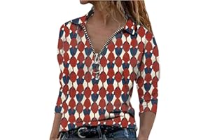 AKIVIDE AMhomely Women Shirts and Blouse Sale Clearance Women Long Sleeve Casual V Neck Zipper Geometry Printed T-Shirt Pullover Blouse Tunic Shirts Tops Office UK Size Red