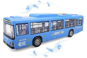 victob Bus Toy for Toddler Boys and Girls - with Lights and Sounds, Friction-Powered Wheels Light Up Toy Bus, Side Doors Open, Christmas and Birthday Gift 3 4 5 6 Years Old Kids, Blue