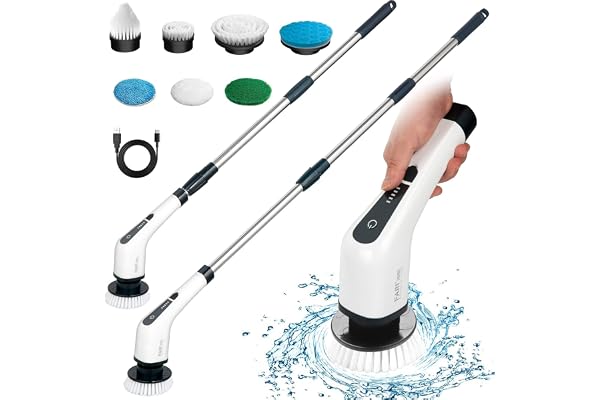 Brosse de Nettoyage électrique sans Fil avec 7 têtes de Brosse remplaçables, FARI Baignoire et carrelage Vadrouille à récurer électrique avec poignée réglable pour Salle de Bain, Cuisine (Blanc)