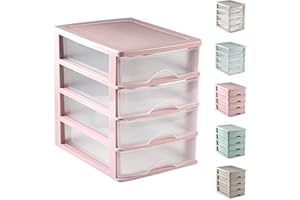 PLASTIFIC Plastic Desktop Storage Unit with Drawers, Stationary Arts Drawer Desktop Tabletop Organiser Storage Tower Unit for Office Bedroom Garage ((35.5 x 27 x 35cm, Pink with 4 Clear Drawers))