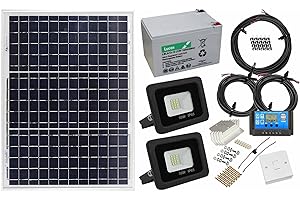 LOWENERGIE Solar Powered Lighting Kit Sheds Garage Off Grid Battery, Panel, Floodlight, Cables (30w Solar Panel, 2 x10w 12v DC Floodlight)