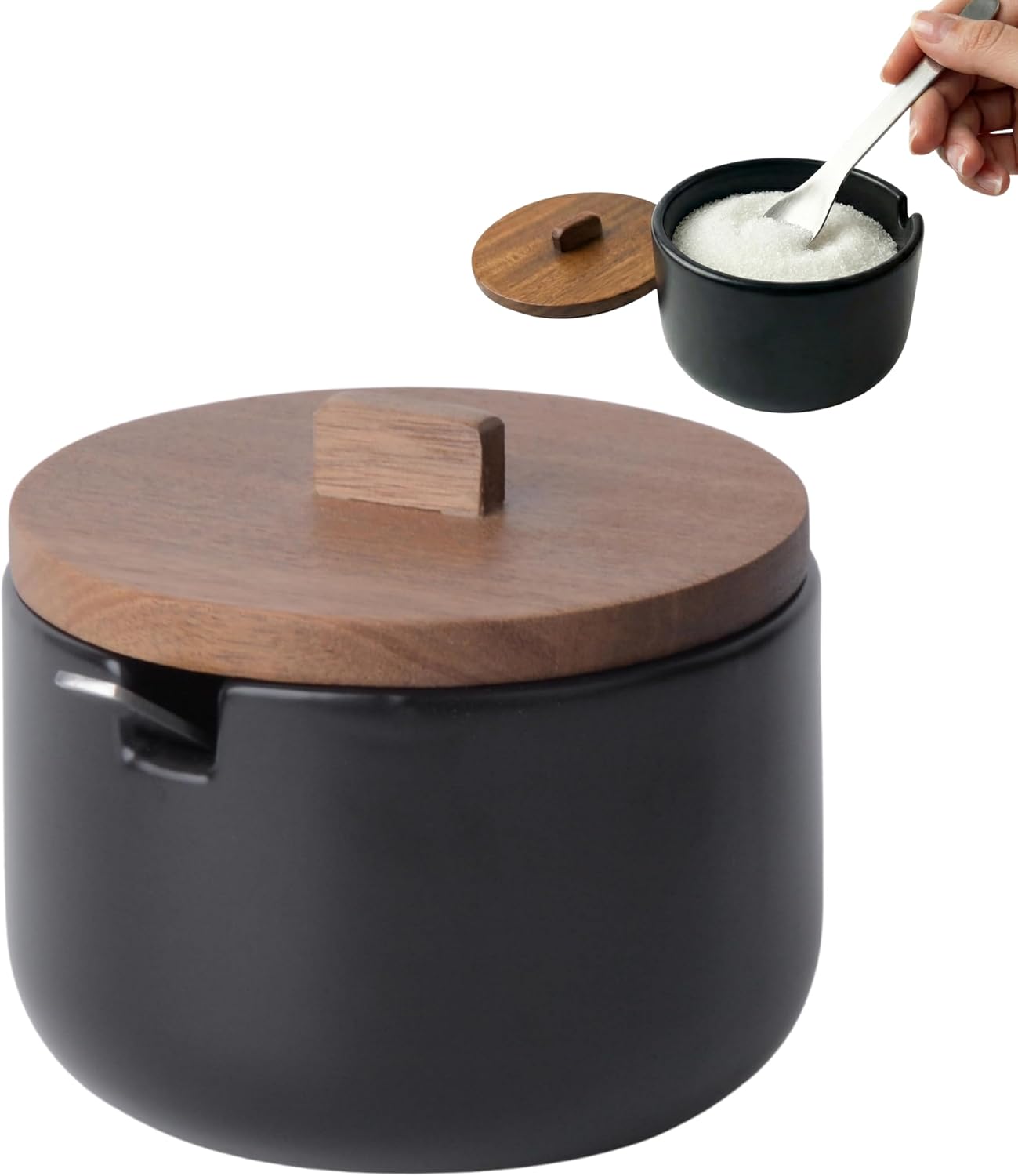 KOOK TIME Azucarero de Cerámica CURVE con Cuchara - Tarro Pequeño con Tapa de Madera de Acacia. Recipiente para Azúcar, Sal, Especias o Queso Rallado. 10.5 x 9 cm. - Negro mate