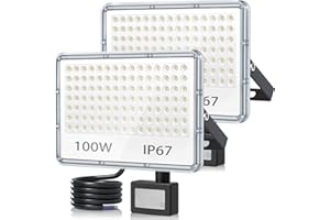 TASINUO Faretto con Sensore di Movimento 100W 2 Pezzi, 10000LM Faro LED Esterno con Sensore Movimento, 7000K Faretto LED da Esterno, Impermeabile IP67 Applique da Esterno per Giardino Terrazza Garage