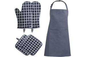 IRISHOM Delantal Cocina Hombre Mujer, Manoplas Horno, Guantes Horno Profesional Antideslizante Resistente Calor, Guantes de Cocina Silicona un Par con 2 Agarraderas de Cocina & 1 Delantal