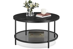 VASAGLE Tavolino da Salotto Rotondo, Tavolino da Caffè, Tavolo con Piano Effetto Marmo, Ripiano in Vetro Temperato, Montaggio Facile, Moderno, Soggiorno, Nero Marmo e Nero Inchiostro LCT071B58
