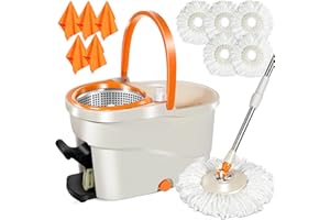 ‎MASTERTOP MASTERTOP Wischmopp Set mit Eimer, Microfaser Profi Bodenwischer mit 5 Moppköpfens und 5 Tüchers,7L Putzeimer mit Wischmop für Boden/Fliesen Reinigung mit Mikrofaser Wischbezug (Orange und Weiß)
