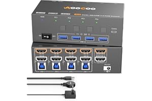 AOOCOO Switch KVM per 4 computer e 2 monitor 8K a 60 Hz/4K a 144 Hz, doppi monitor, switch KVM HDMI con funzione EDID, telecomando cablato, alimentatore e cavo USB 3.0 inclusi