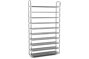 SONGMICS Scarpiera Scaffale a 10 Ripiani Capacità Fino a 50 Paia di Scarpe Scaffali portascarpe Cabina Guardaroba In Acciaio Tessuto Nero 100 x 29 x 175 cm LSR10H