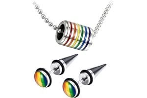 OIDEA Assorted Gay Lgbt Pride Rainbow Pendant Necklace,2pcs 8MM Punk Rock Rivet Earring Studs,Hypoallergenic