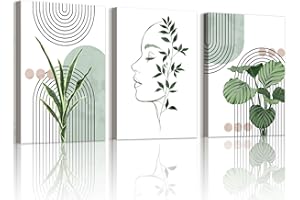 WENGTIAO 3 Pièces Boho Sage Vert Plantes Tableau Decoration Murale Encadré Toile Peinture Esthétique Ligne Géométrique Decoration Murale Salon Maison Deco Chambre Prêt à Accrocher 30x40cmx3